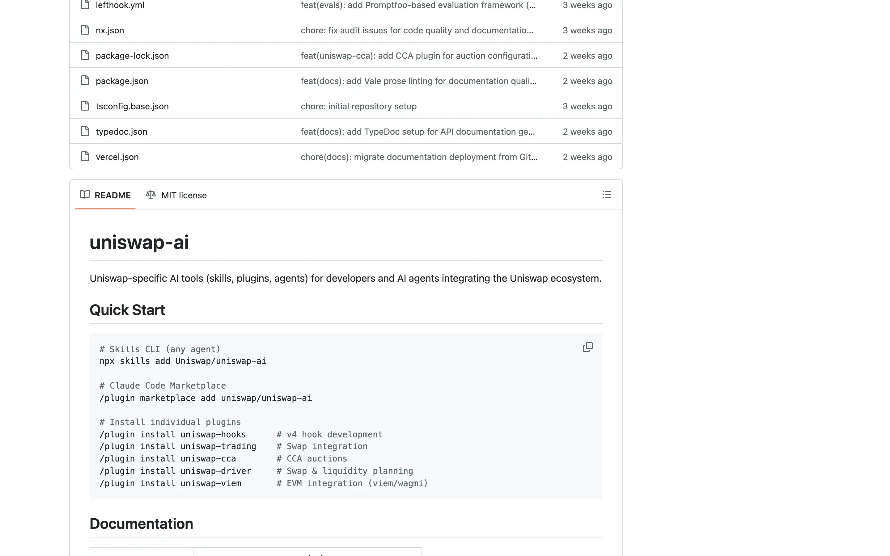 Uniswap AI README Quick Start — 一行指令安裝所有 Skills，支援 Claude Code 和其他 AI Agent
