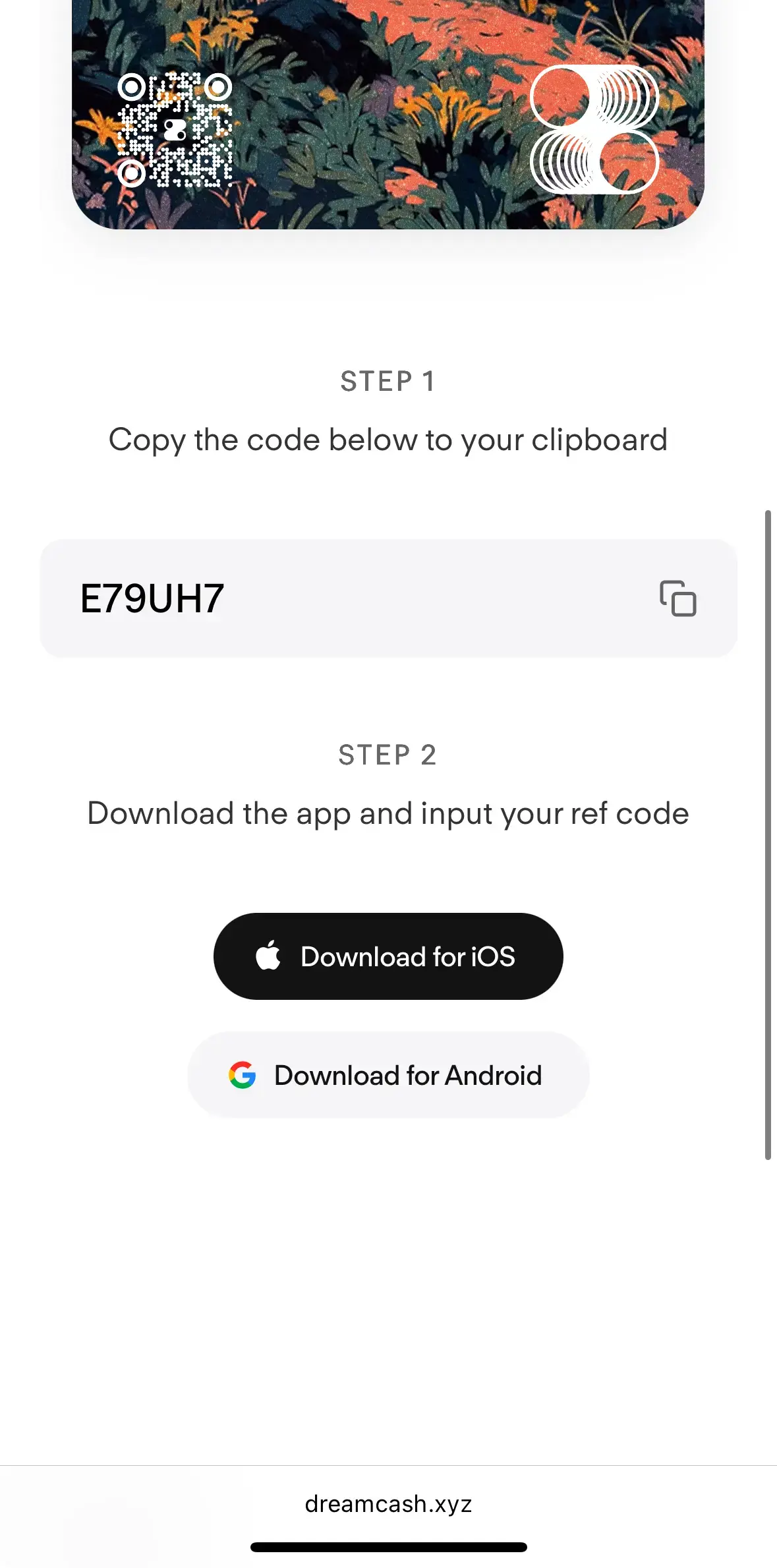 Dreamcash 推薦碼分享頁面 — 推薦碼 E79UH7 與下載連結