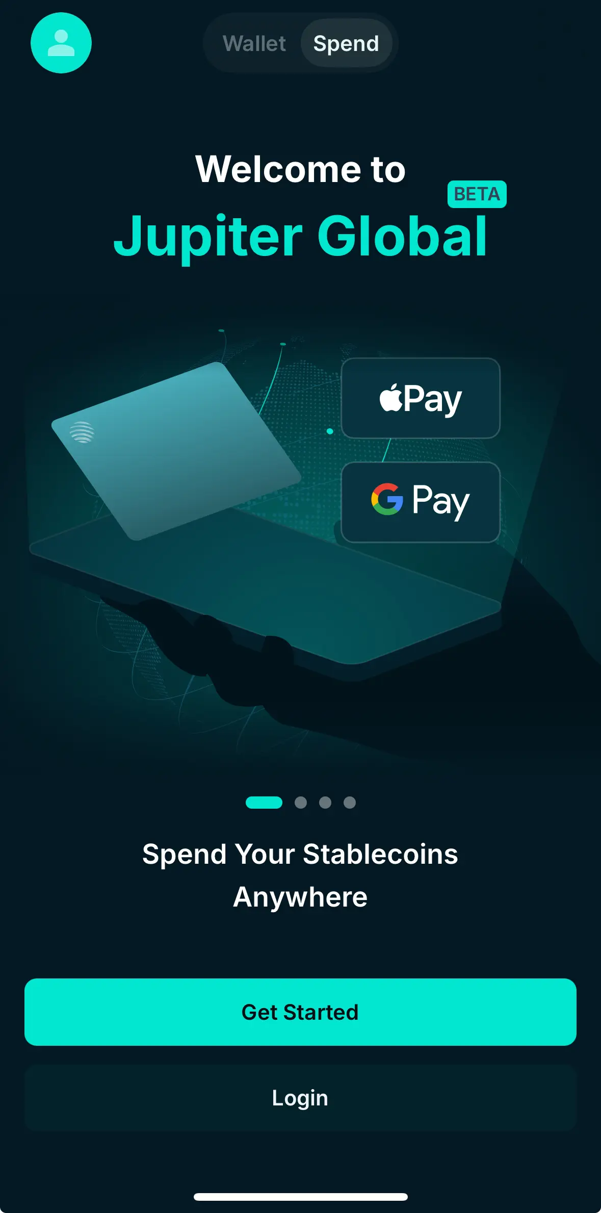 Jupiter Global 歡迎頁面 — 顯示 BETA 標示和 Apple Pay、Google Pay 支援