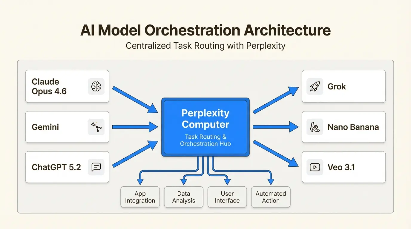 Perplexity Computer 多模型調度架構圖