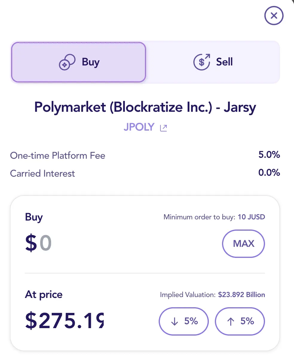 Jarsy 交易介面 — Polymarket (Blockratize Inc.) 買入價格 $275.19