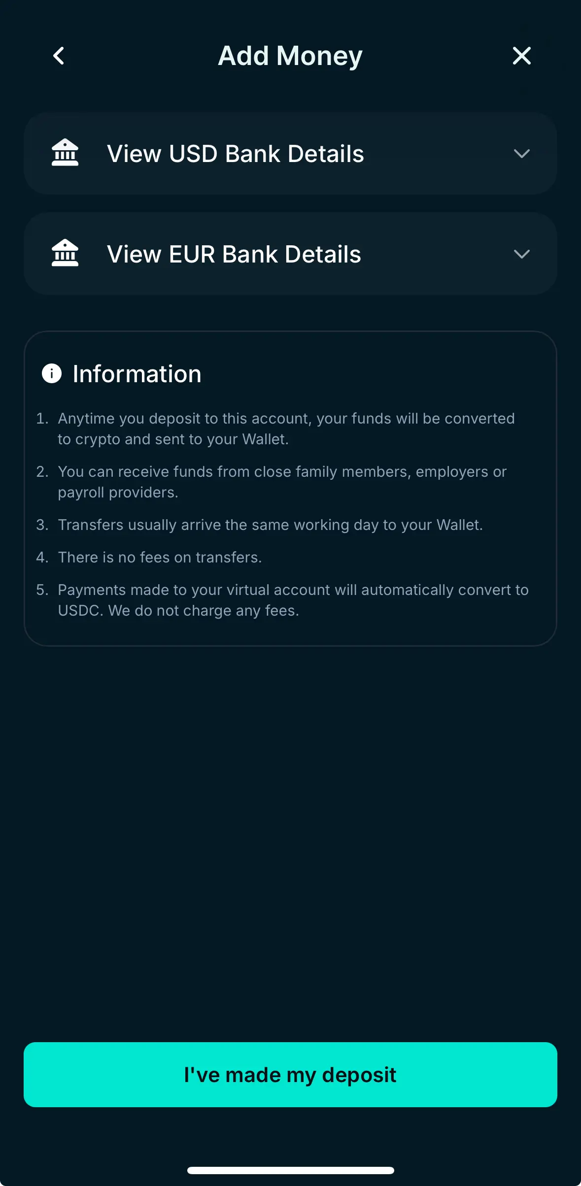 Jupiter Card Bank Transfer — USD 和 EUR 帳戶自動轉 USDC 免手續費
