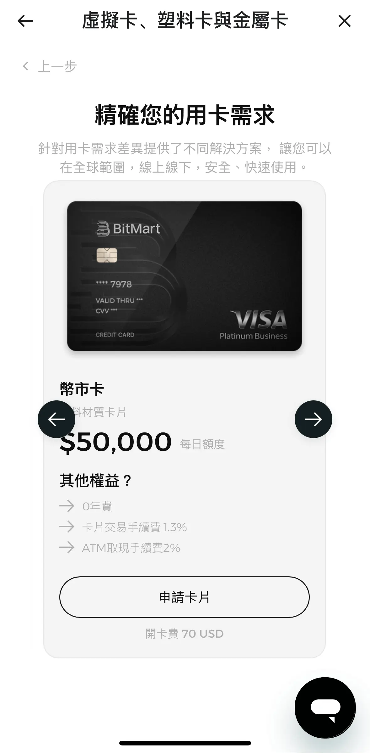 BitMart 幣市卡額度選擇器：每日 50000 美元