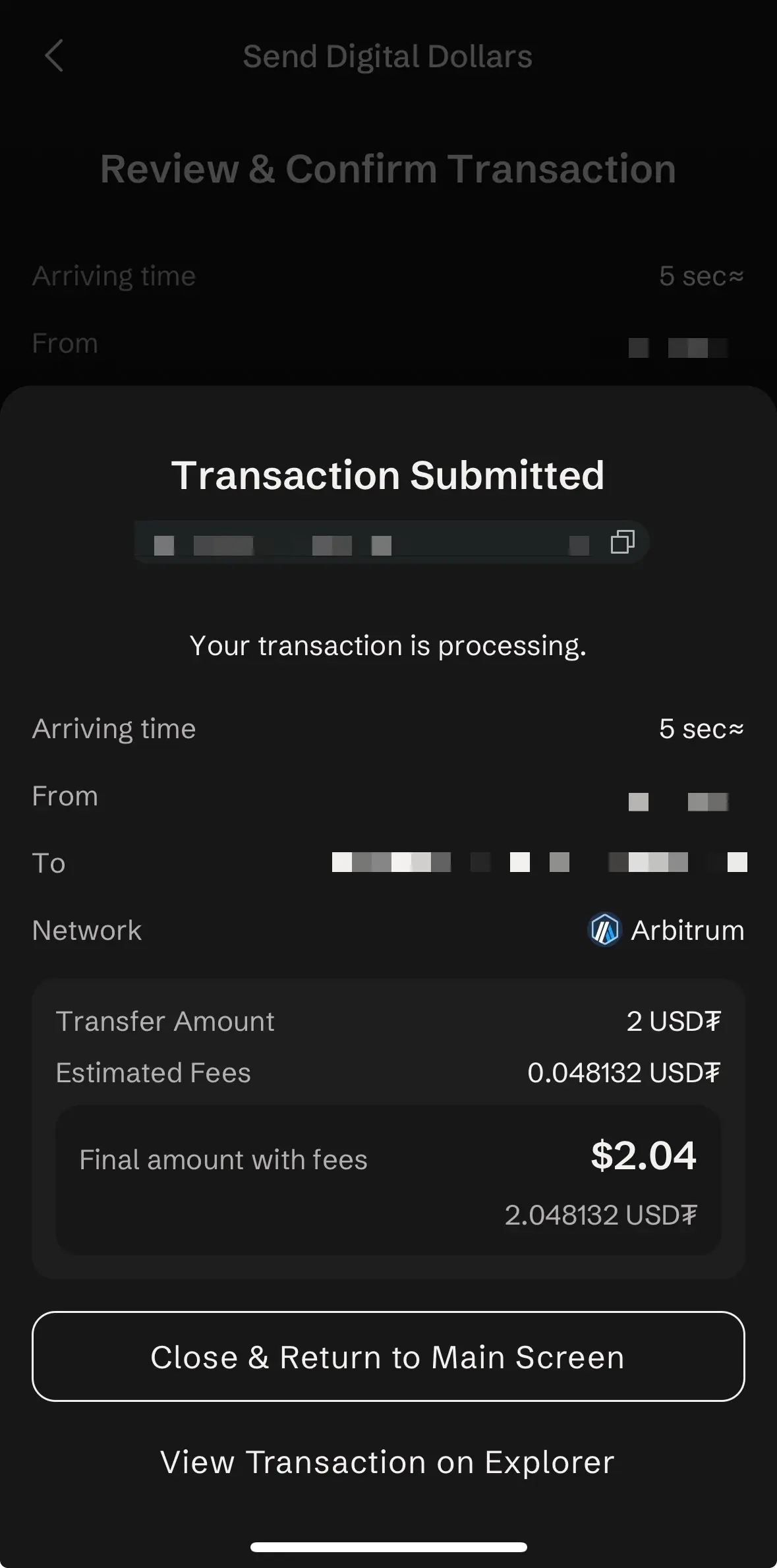 Tether Wallet 交易提交成功