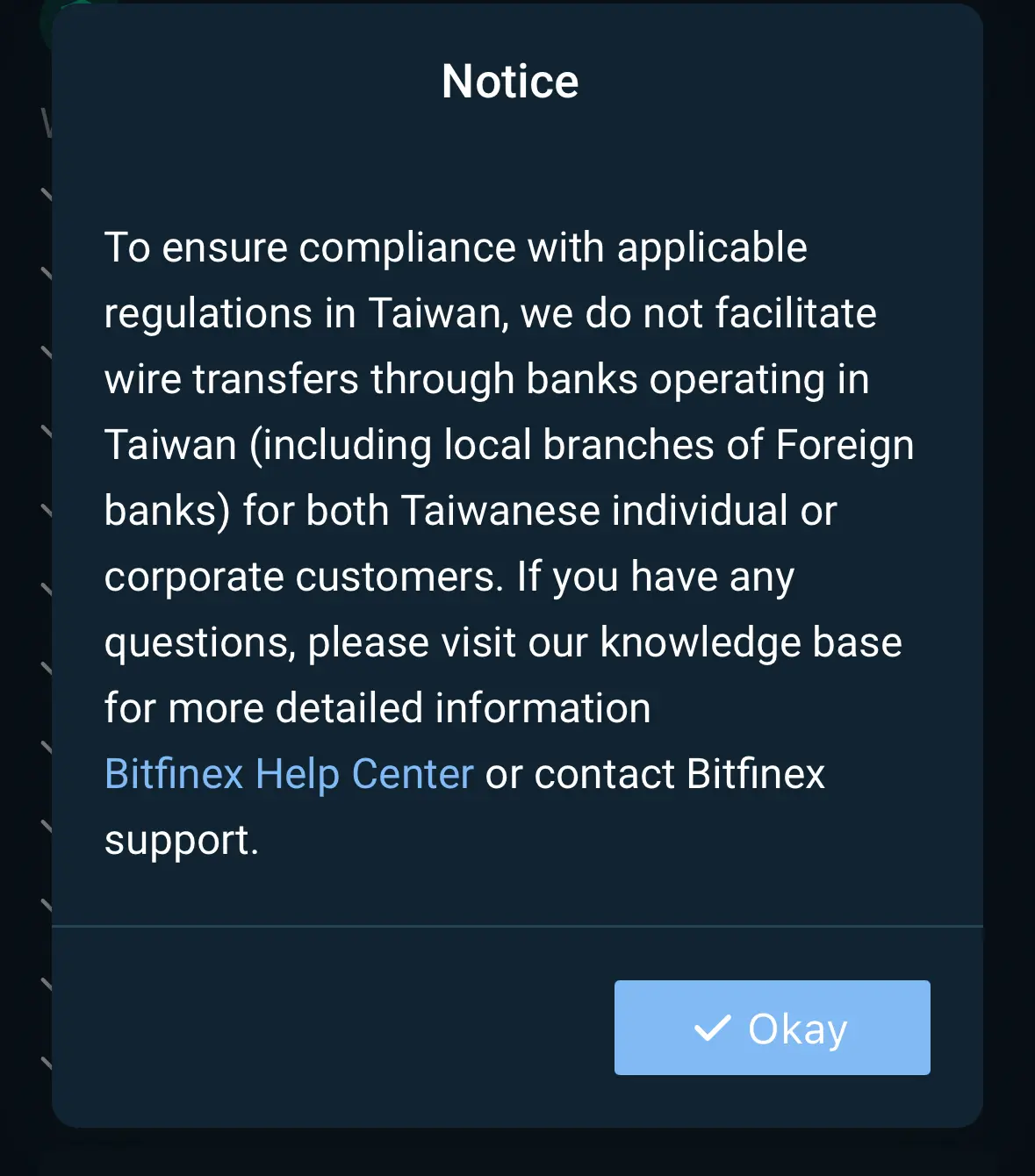 Bitfinex 台灣用戶 Notice：依法規不提供台灣境內銀行電匯
