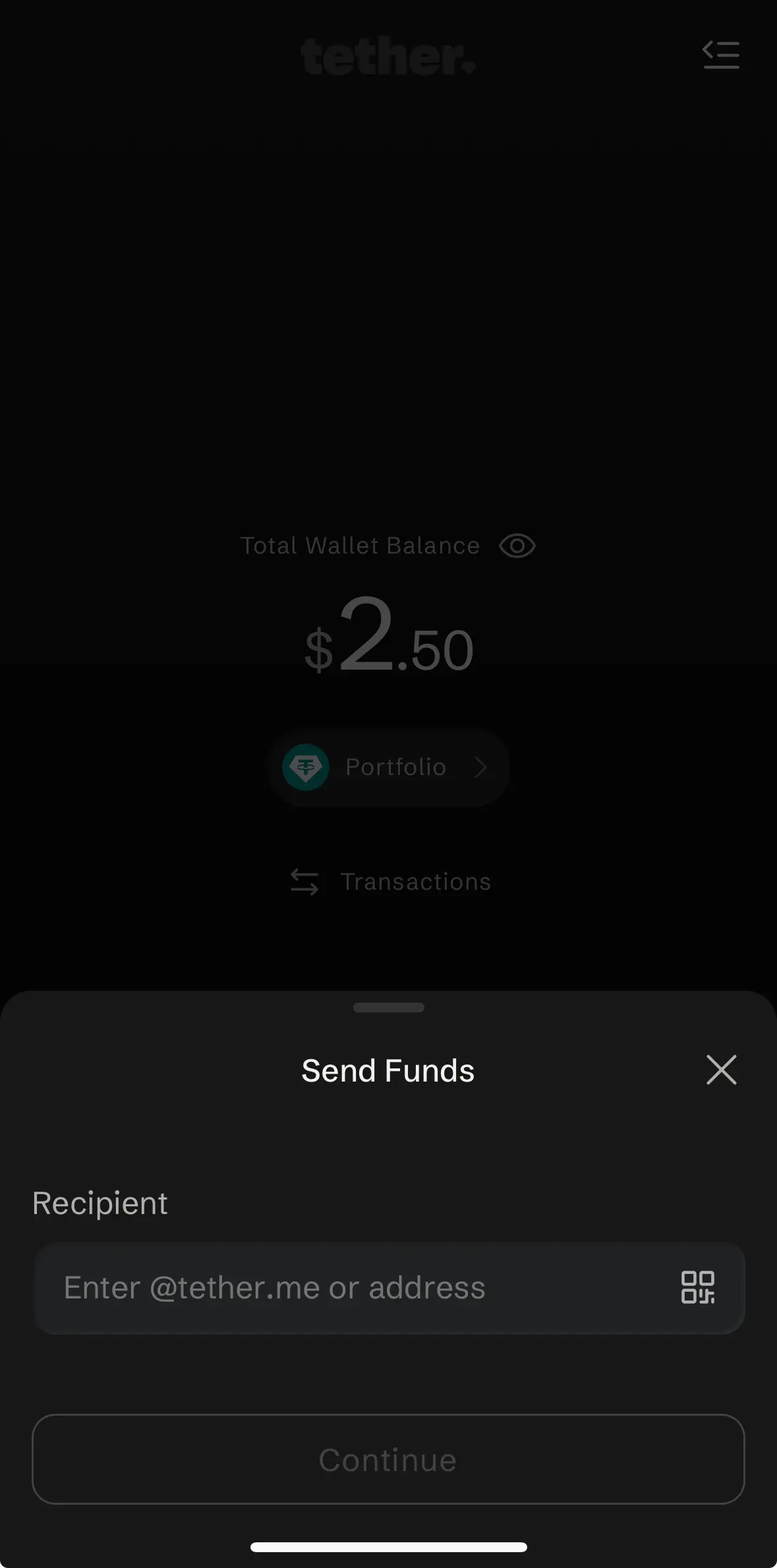 Tether Wallet 發送資金輸入收款人