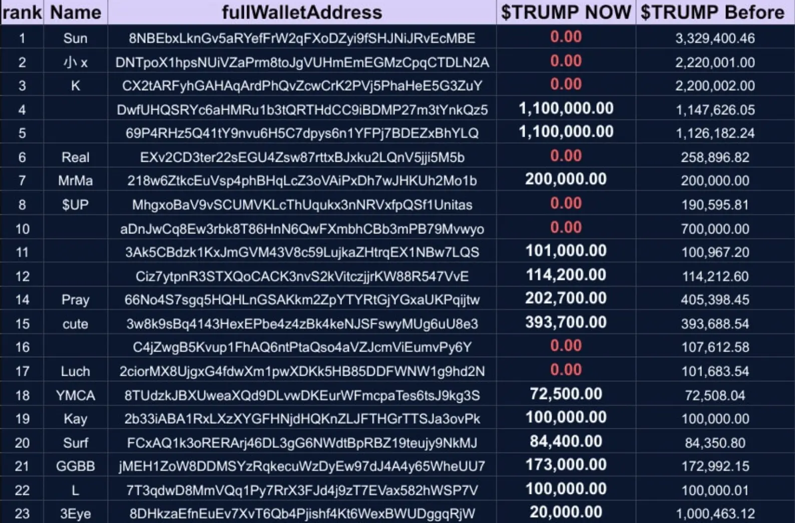 TRUMP 代幣主要持有者（資料來源：Dethective）
