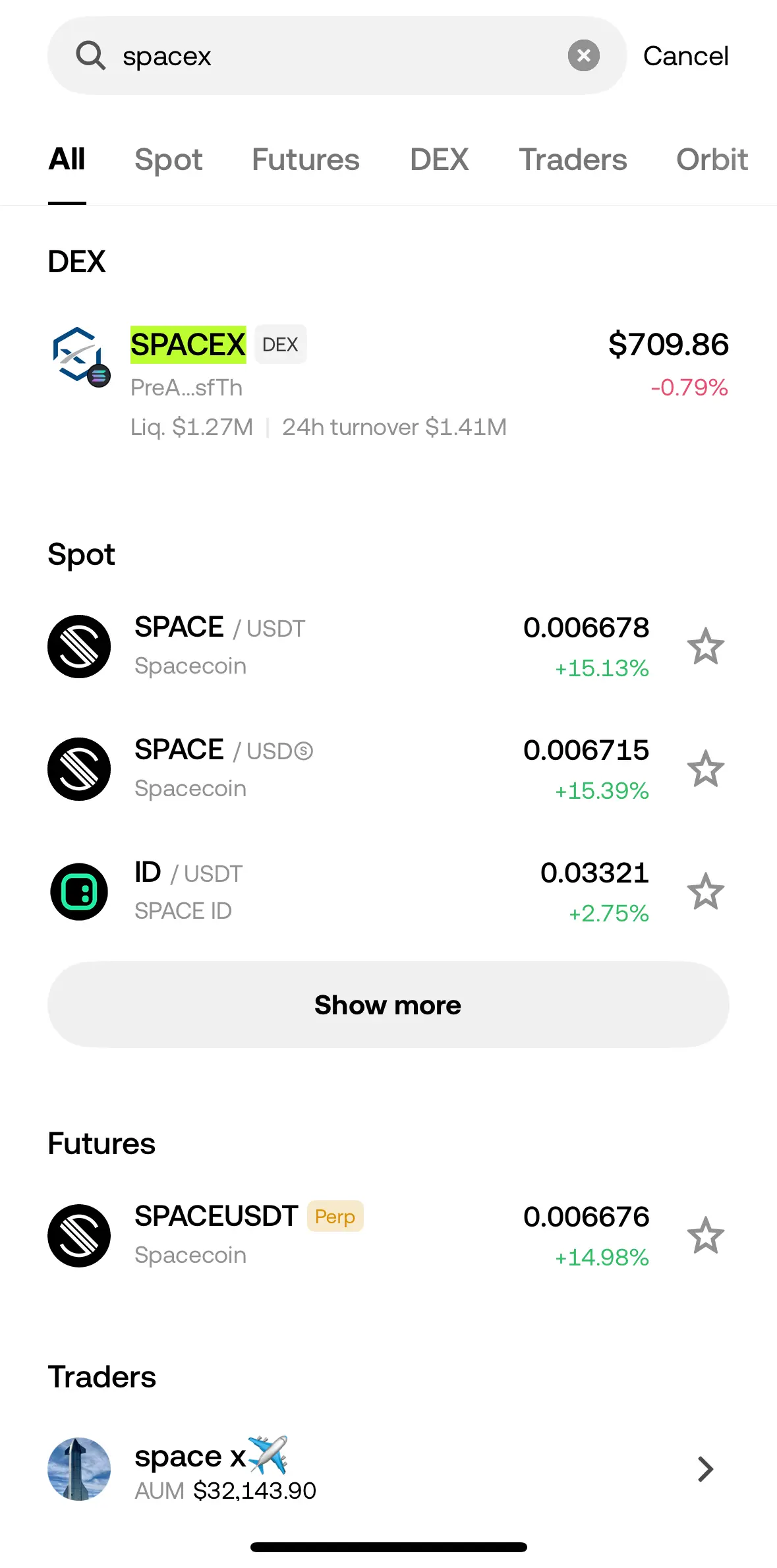 OKX Wallet 搜尋 spacex 結果，DEX 區最上 SPACEX PreA...sfTh 才是 PreStocks 代幣，下面的 SPACE、SPACEUSDT 是不同項目