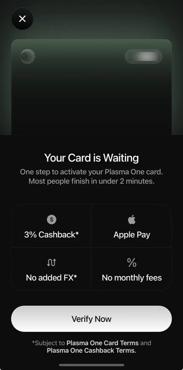 Plasma One Your Card is Waiting 畫面，顯示 3% 回饋、Apple Pay、無外匯加成、無月費