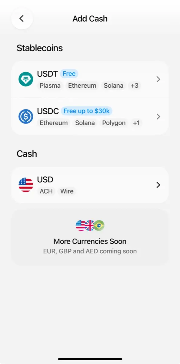 Plasma One Add Cash 入金選項，USDT 免費、USDC 免費至 3 萬美元、美元 ACH/Wire