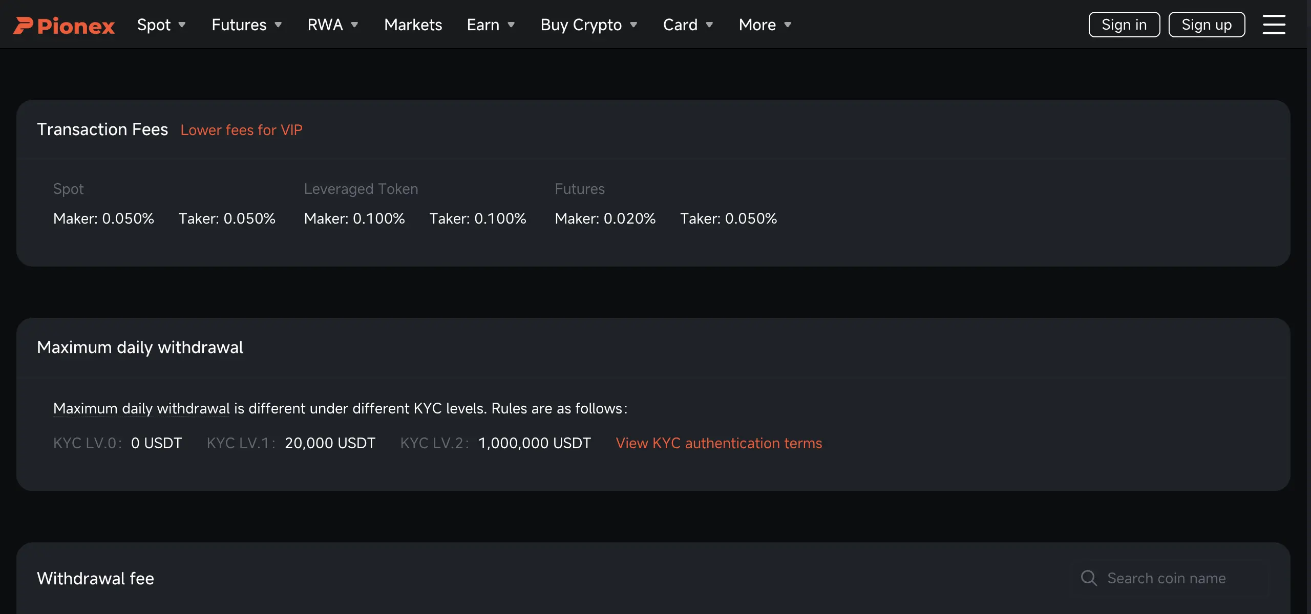 Pionex 官方費率頁：Spot Maker/Taker 0.05%、Futures Maker 0.02% Taker 0.05%