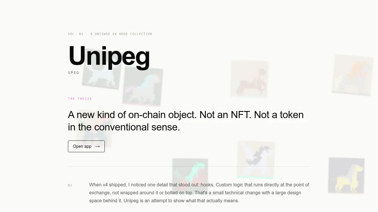 Unipeg uPEG 官網首頁，展示鏈上生成的 24x24 像素獨角獸 NFT