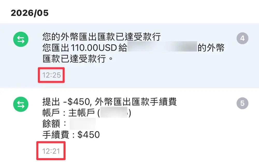 LINE Bank 通知外幣匯出已達受款行與 450 手續費