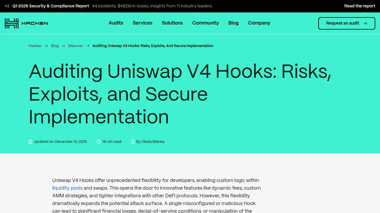 Hacken 審計公司 Auditing Uniswap V4 Hooks 研究文章首頁，列出 Hook 安全風險與修補建議