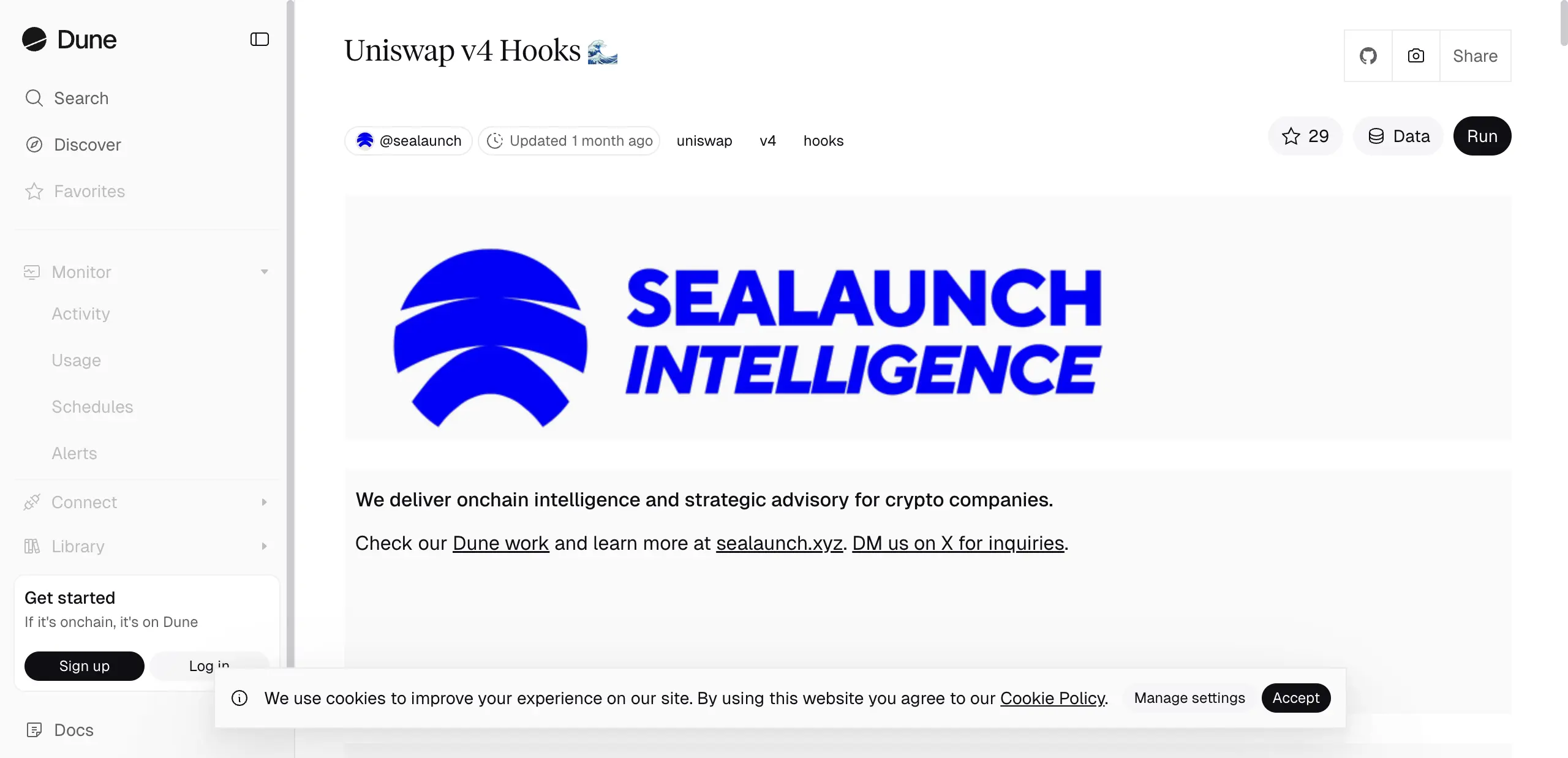 Dune sealaunch Uniswap V4 Hooks 數據儀表板，顯示 Hook 池採用速度與 TVL 分佈