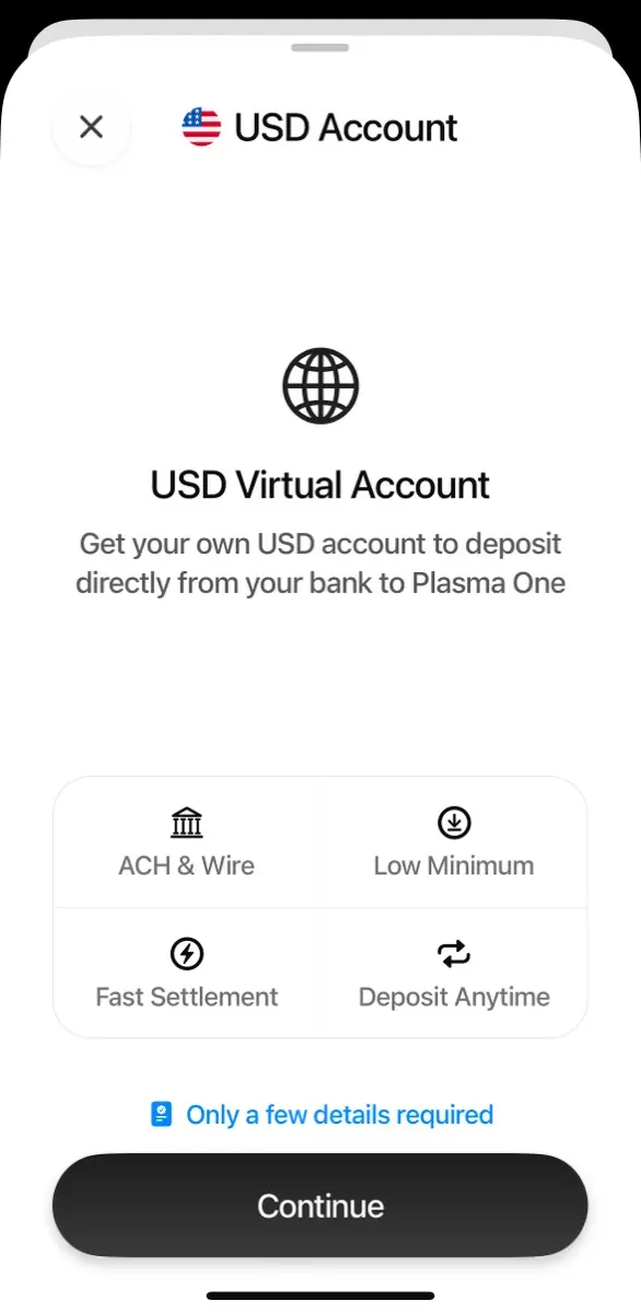 Plasma One USD 虛擬帳戶，支援 ACH 與 Wire、低門檻、快速結算