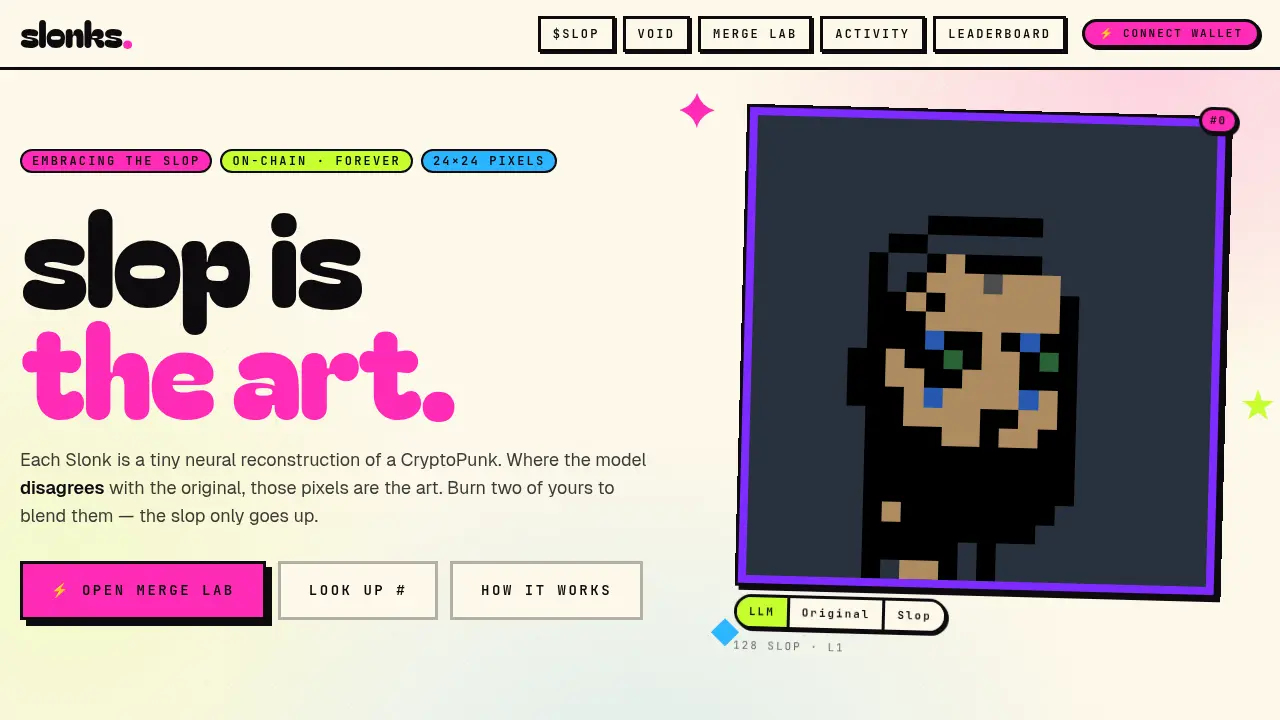 Slonks 官網首頁，定調「slop is the art」，AI 神經網路重構 CryptoPunks