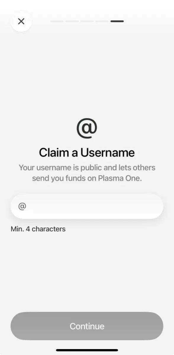 Plasma One 設定公開使用者名稱畫面，最少 4 字元