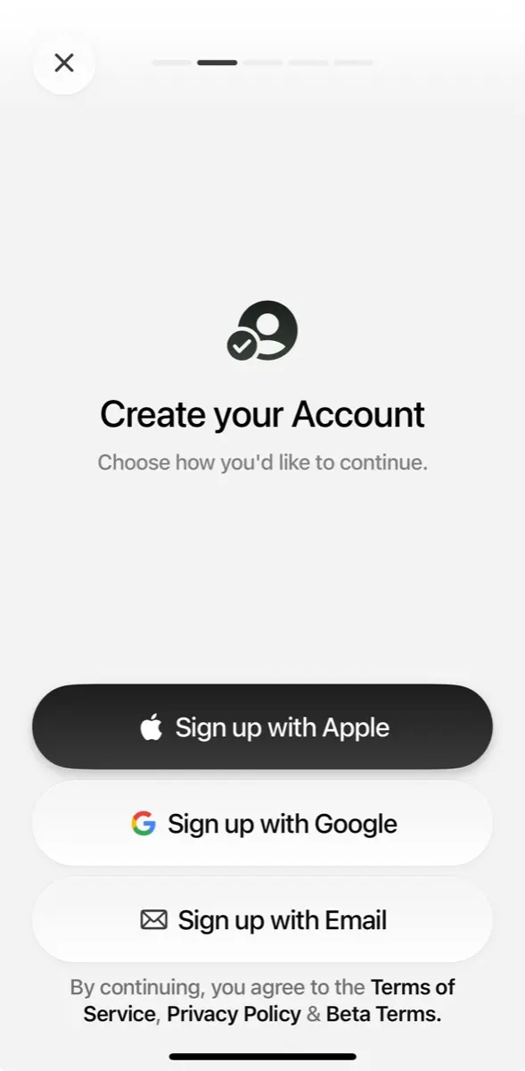 Plasma One 建立帳號畫面，支援 Apple、Google、Email 註冊