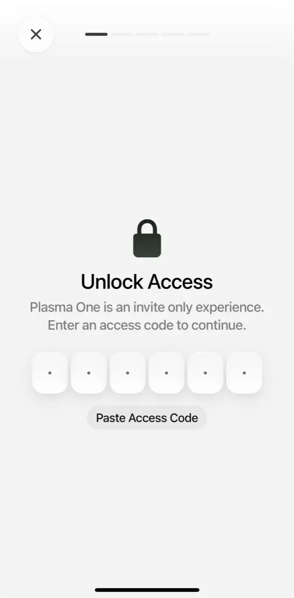 Plasma One Unlock Access 邀請碼輸入畫面，需 6 碼 access code