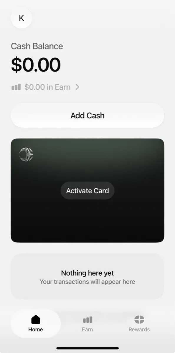 Plasma One 主畫面，Cash Balance 0、Activate Card
