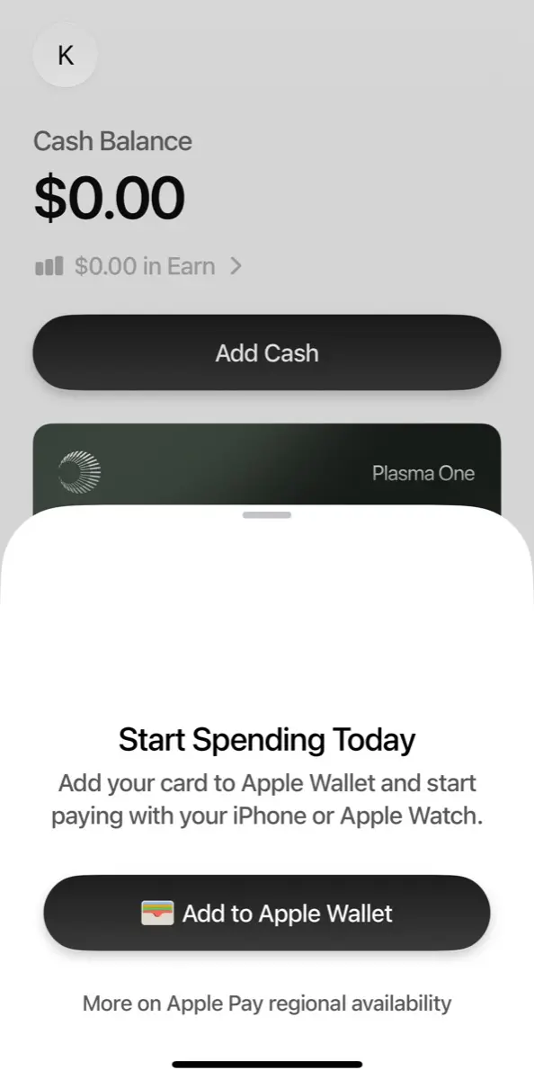 Plasma One Start Spending Today，加入 Apple Wallet
