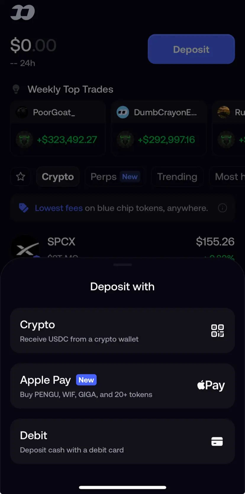 FOMO App 入金選單：加密貨幣 USDC、Apple Pay、簽帳金融卡三種方式