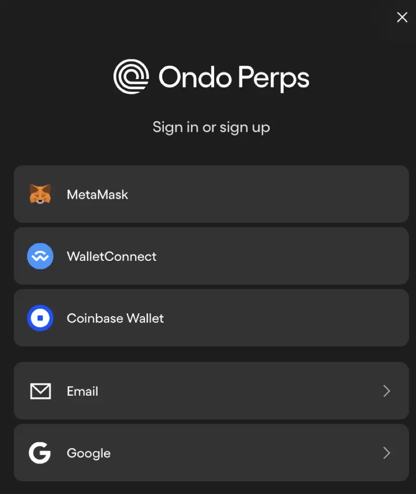 Ondo Perps 登入介面，支援 MetaMask、WalletConnect、Coinbase Wallet、Email、Google