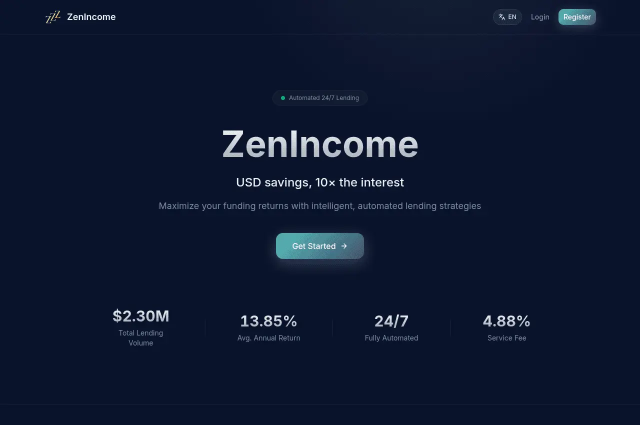 ZenIncome 首頁，主打閒置美元 10 倍利息，服務費 4.88%、平均年化 13.85%