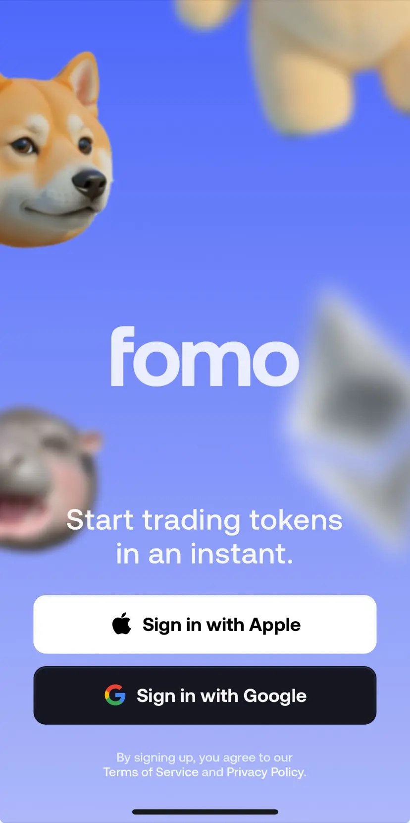 FOMO App 登入畫面，可用 Sign in with Apple 或 Google 登入