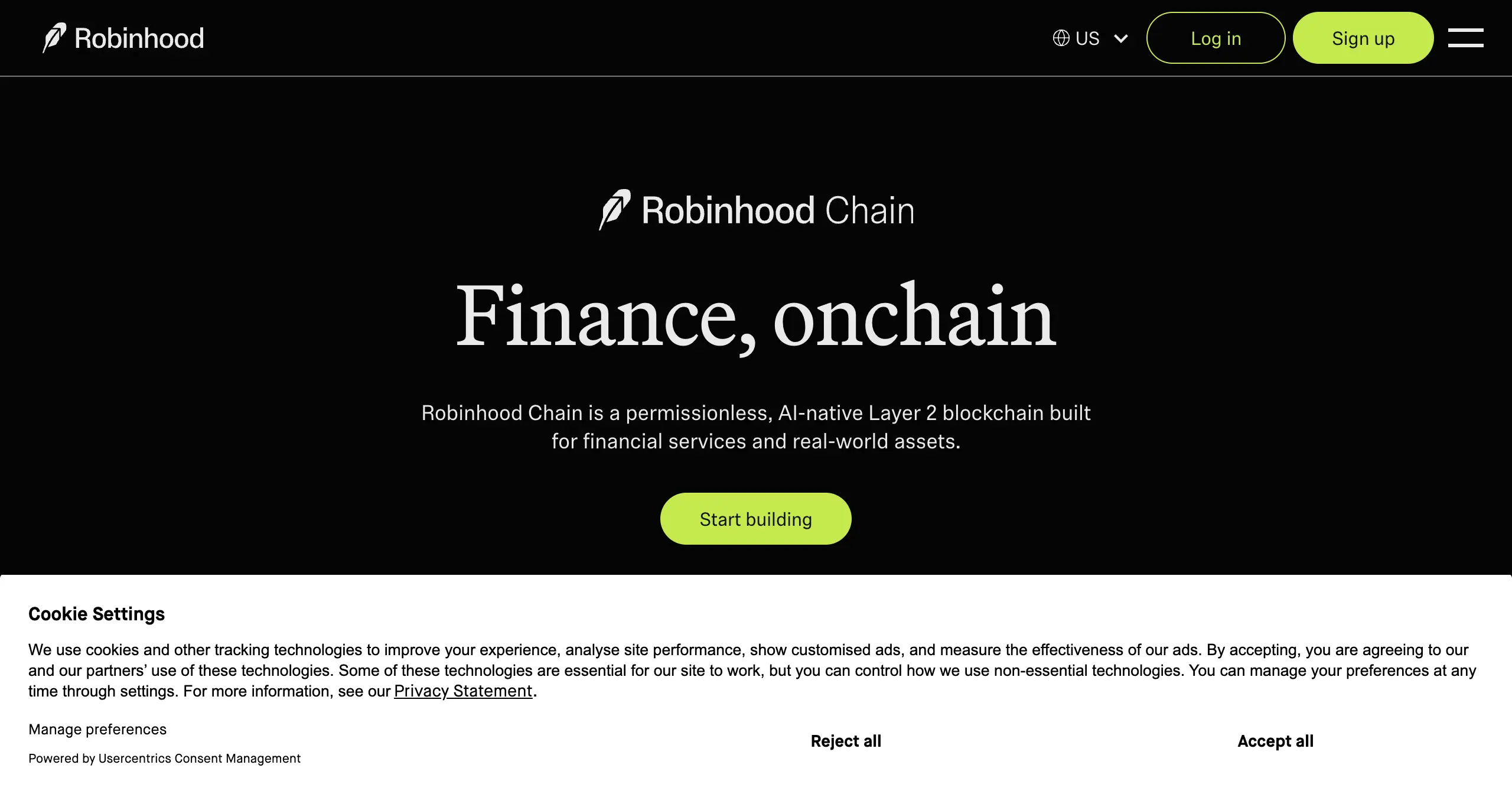 Robinhood Chain 官方首頁，標示為 permissionless AI-native Layer 2 區塊鏈