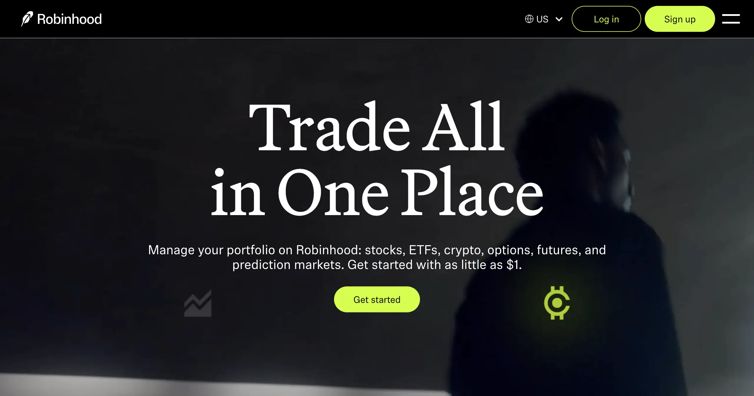 Robinhood 官網首頁,標語為 Trade All in One Place,可交易股票、ETF、加密貨幣、期權、期貨與預測市場