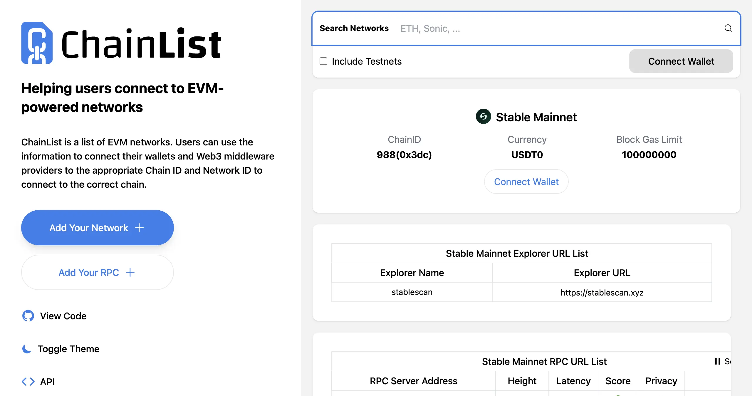 Chainlist 上 Stable Mainnet 的網路參數,含 Chain ID、Currency、Explorer