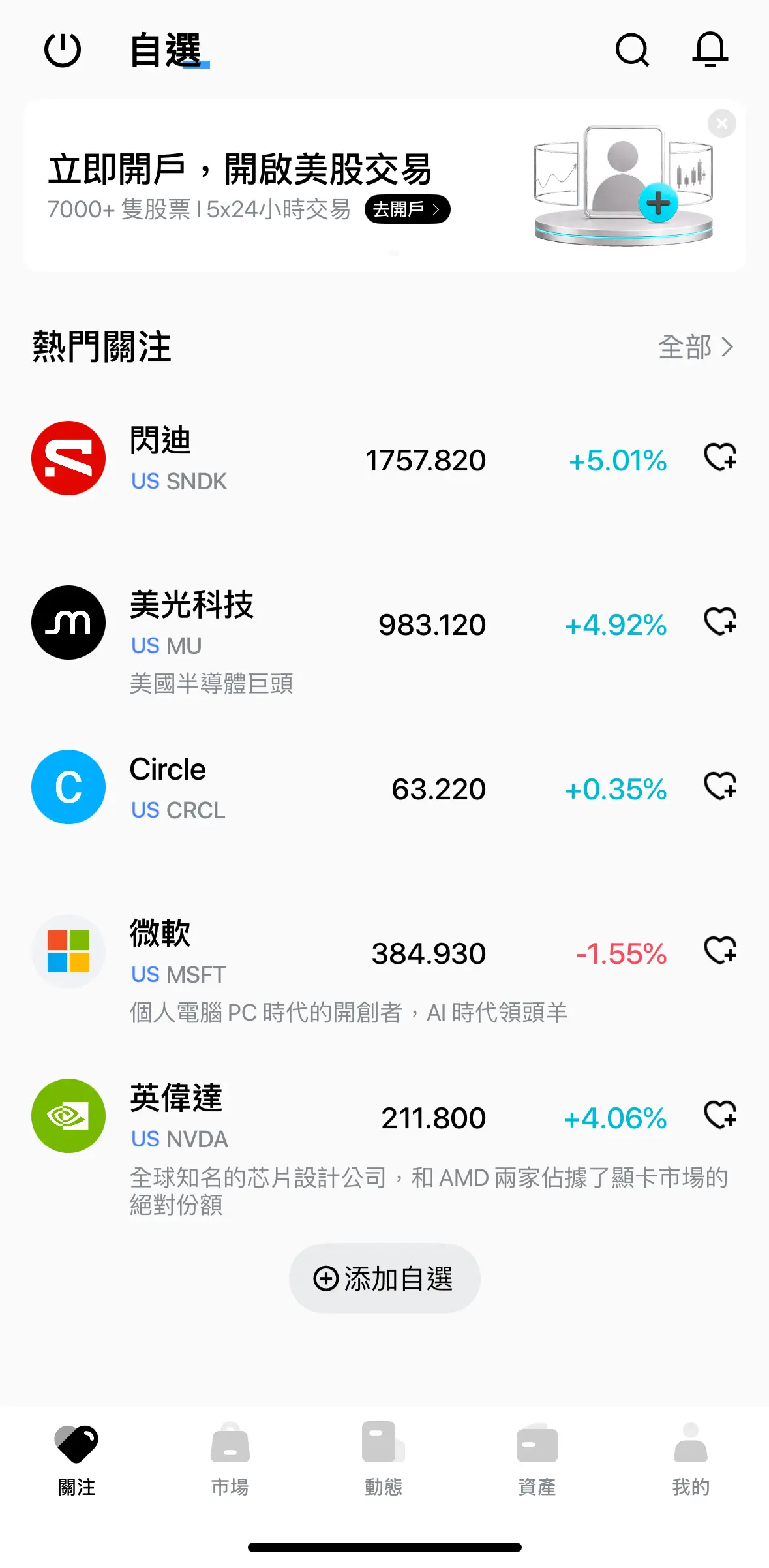 Bitget Stock+ 美股自選頁與開戶入口