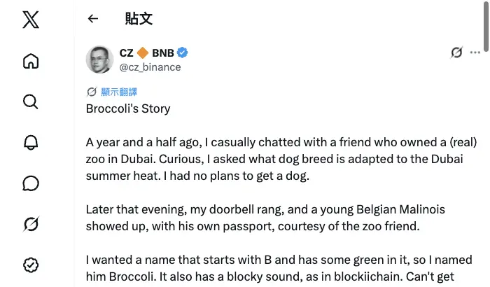 CZ 公布愛犬 Broccoli 的貼文，來源：X @cz_binance