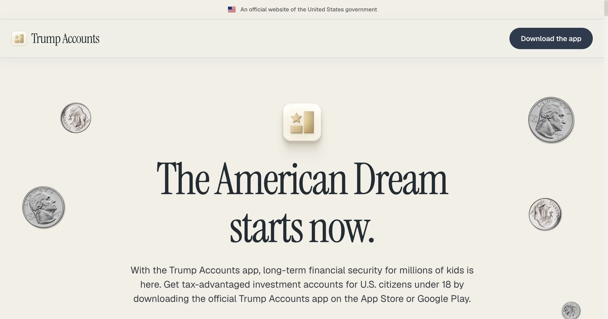 美國政府川普帳戶官方網站,標語為 The American Dream starts now
