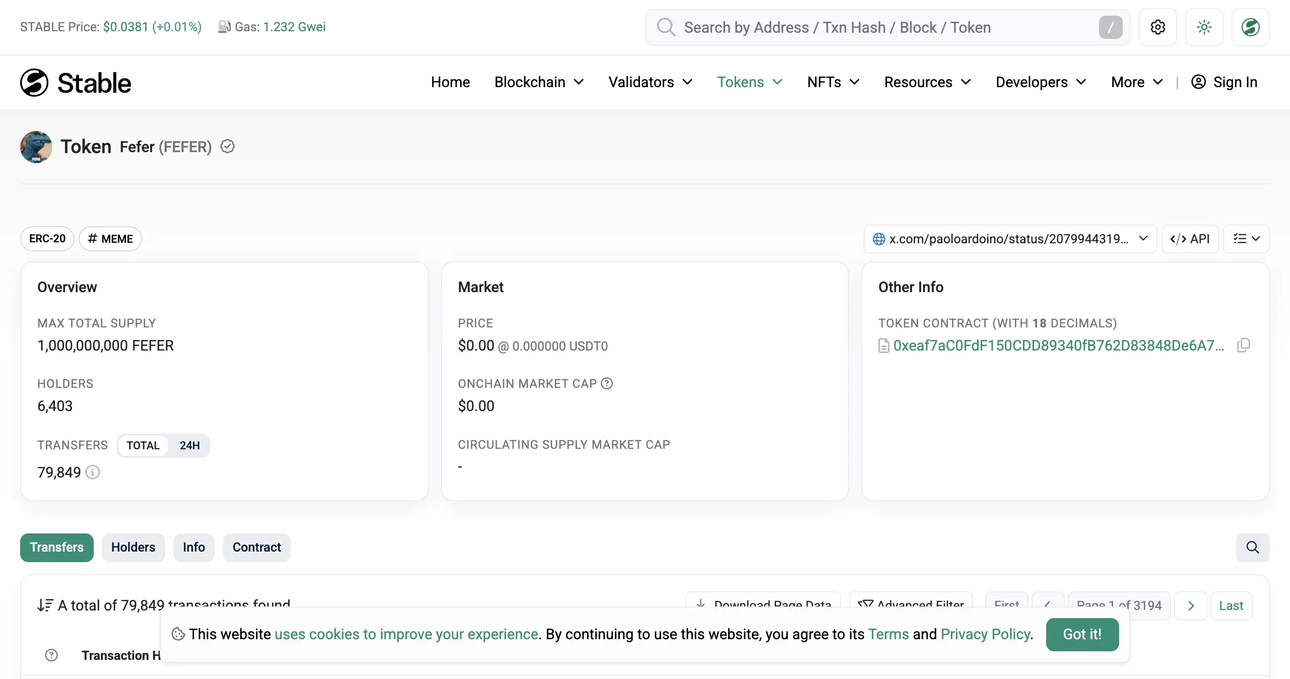 StableScan 上的 FEFER 代幣頁面,標記 ERC-20、MEME 標籤並連結原始推文