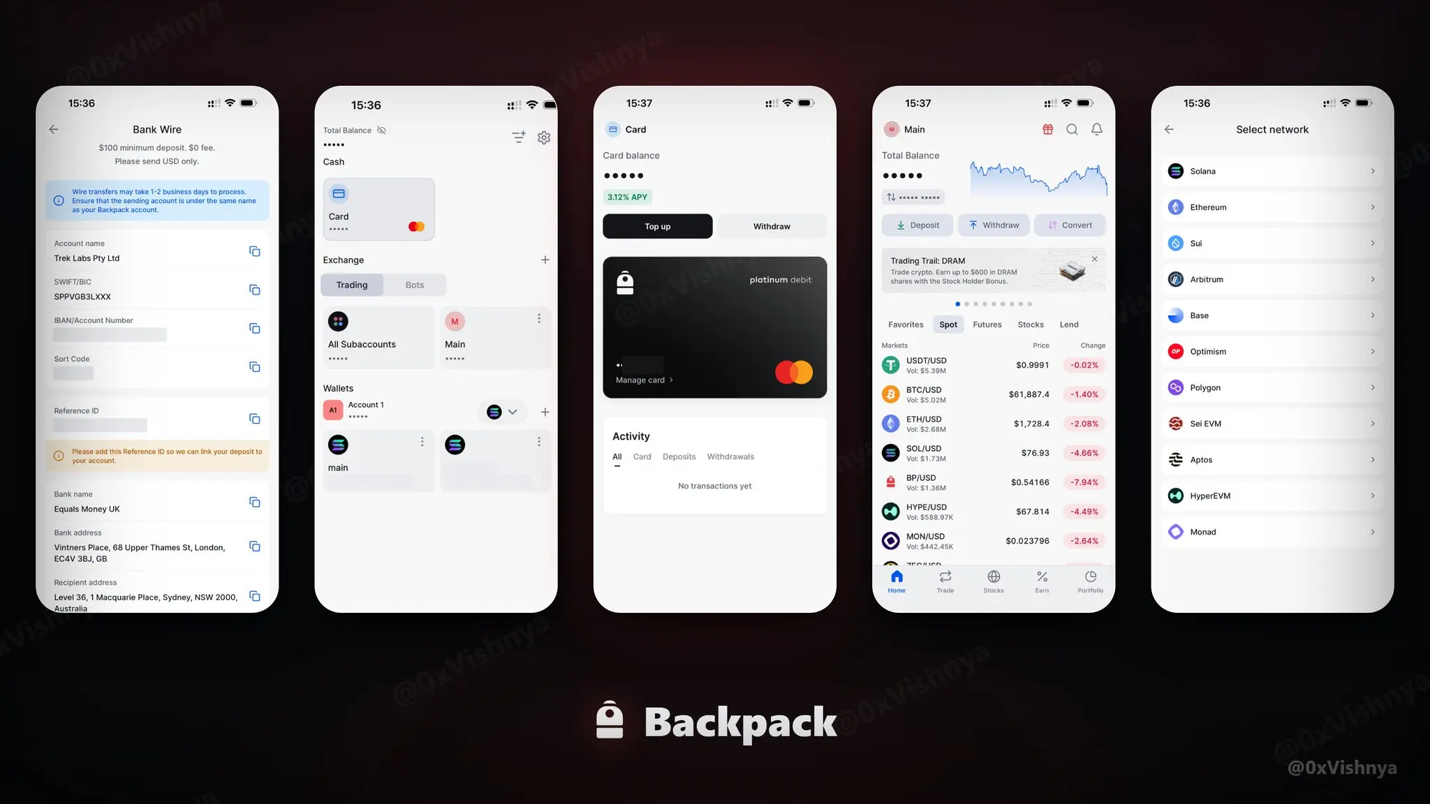 Backpack App 內卡片子帳戶、餘額 APY 與匯款頁等實際畫面組合