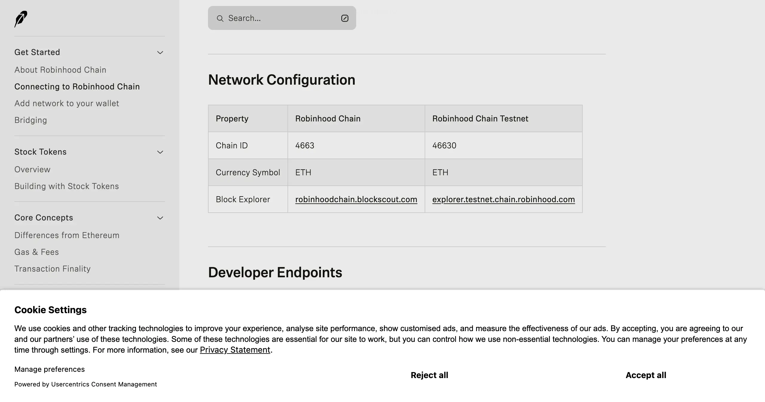 Robinhood Chain 官方網路設定表，Chain ID 4663，Gas 代幣 ETH，區塊瀏覽器 robinhoodchain.blockscout.com