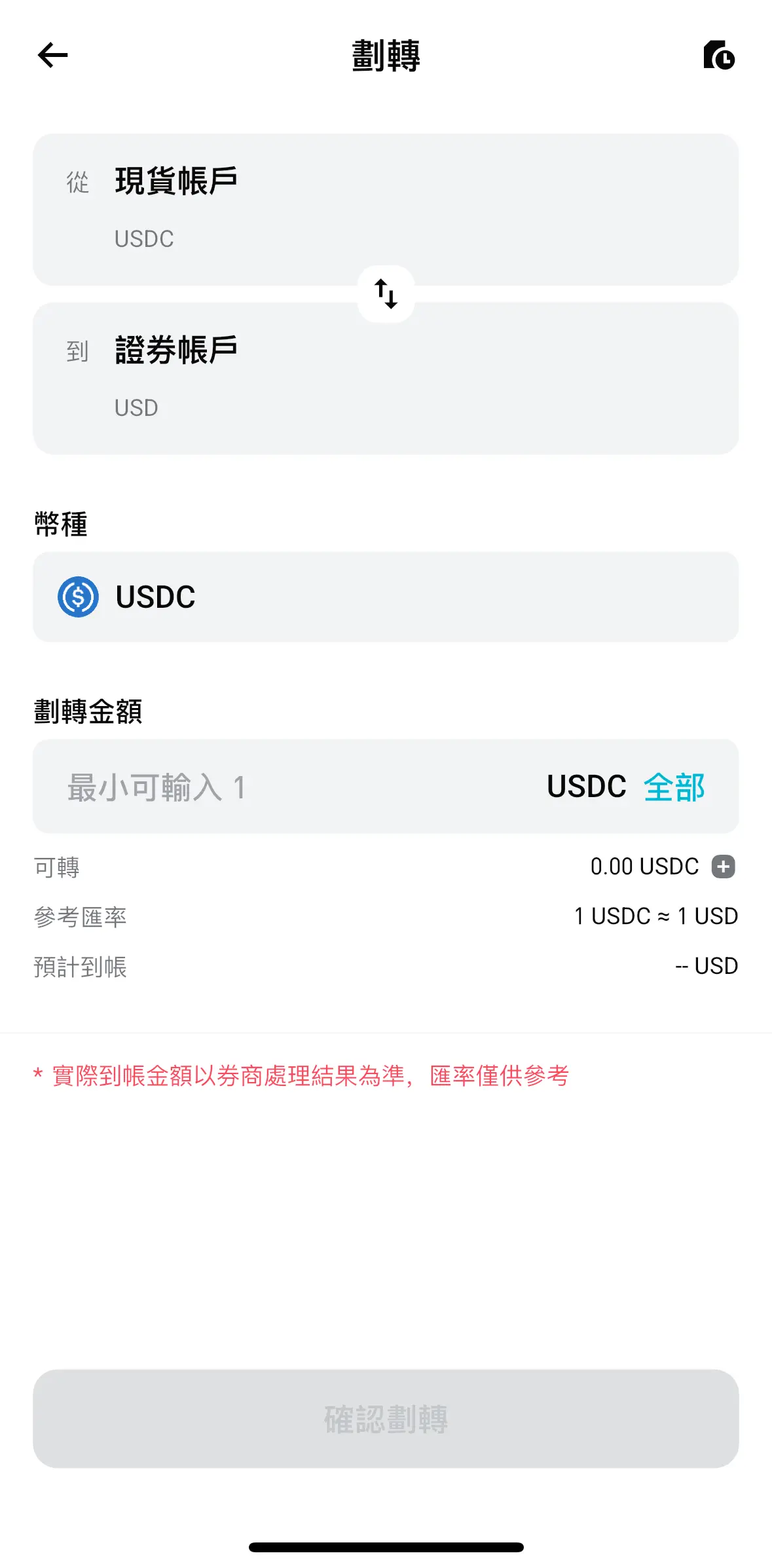 從 Bitget 現貨帳戶轉入 USDC 至證券帳戶