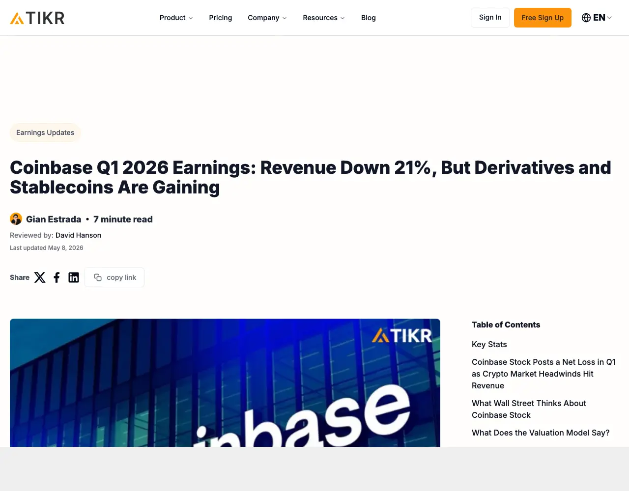 Coinbase 2026年第一季財報摘要報導，來源：TIKR.com, 2026-05-08