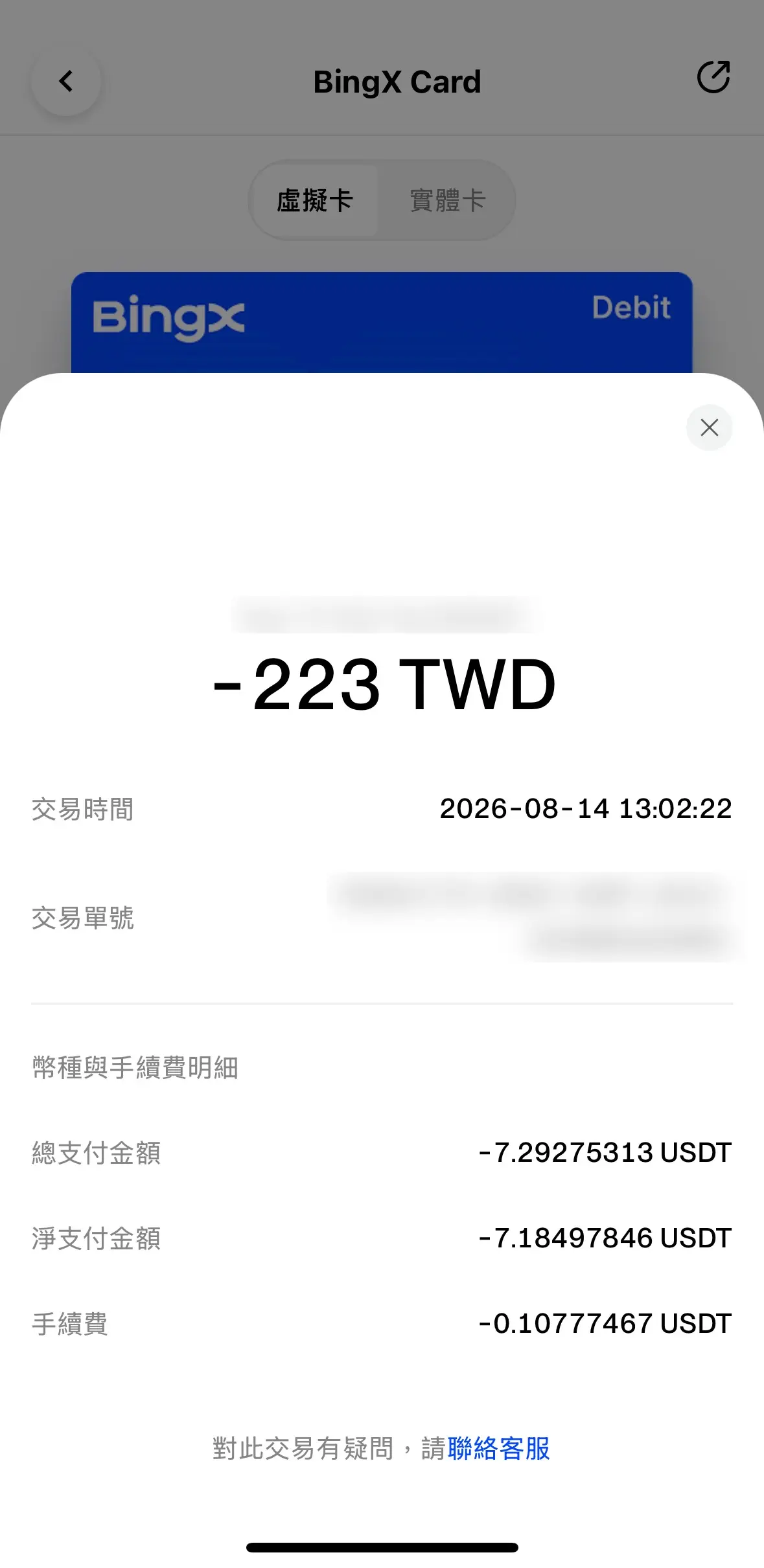 BingX Card 實測消費明細，223元台幣消費對應手續費約1.48%
