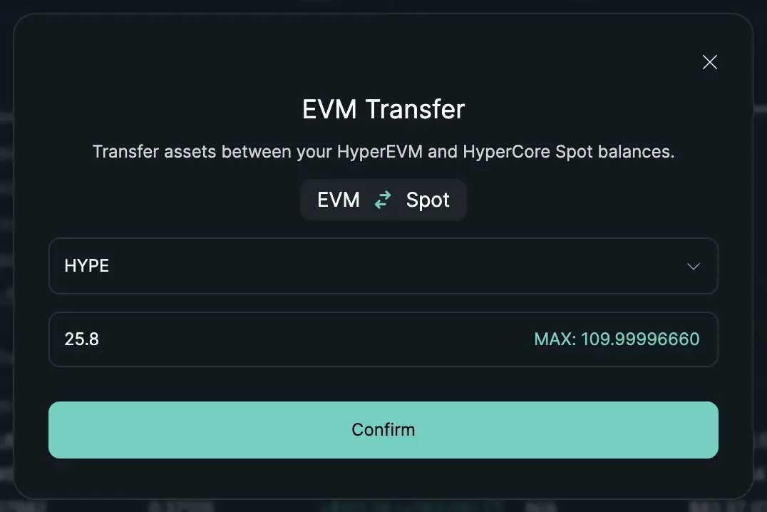 Hyperliquid 官方 EVM Transfer 介面,顯示 HyperEVM 與 HyperCore Spot 之間的資產轉移