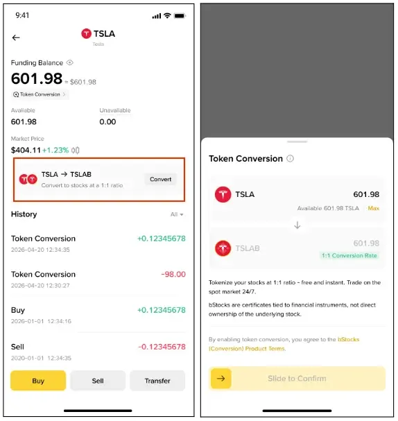 幣安官方說明文件截圖：Token Conversion 功能，TSLA 與 TSLAB 之間 1:1 互轉（示意圖，非即時報價）