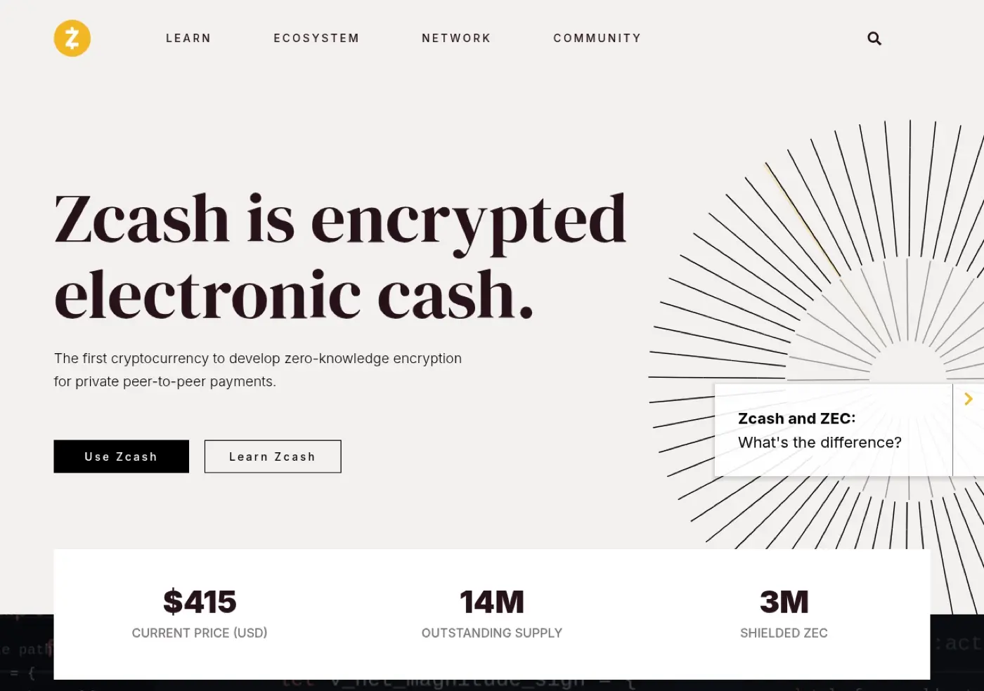 Zcash 官方網站首頁截圖