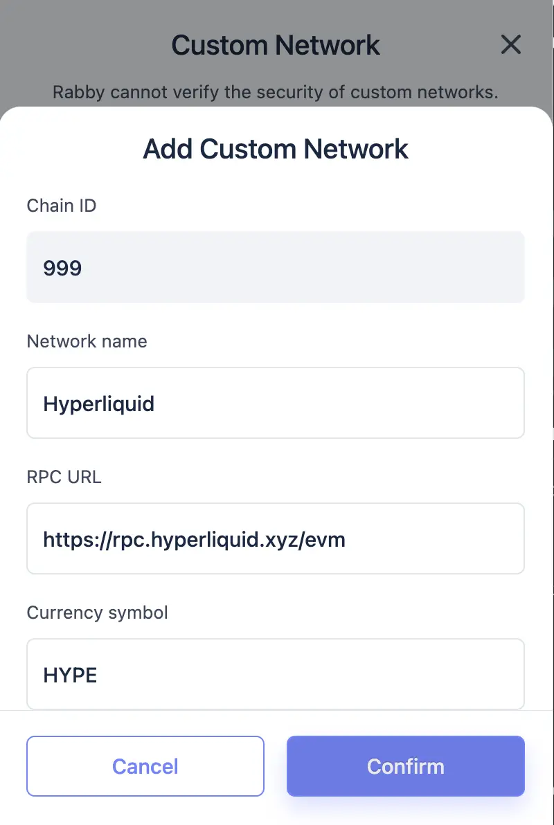 Rabby 新增 Hyperliquid 網路,顯示 Chain ID 999、RPC URL 與 HYPE