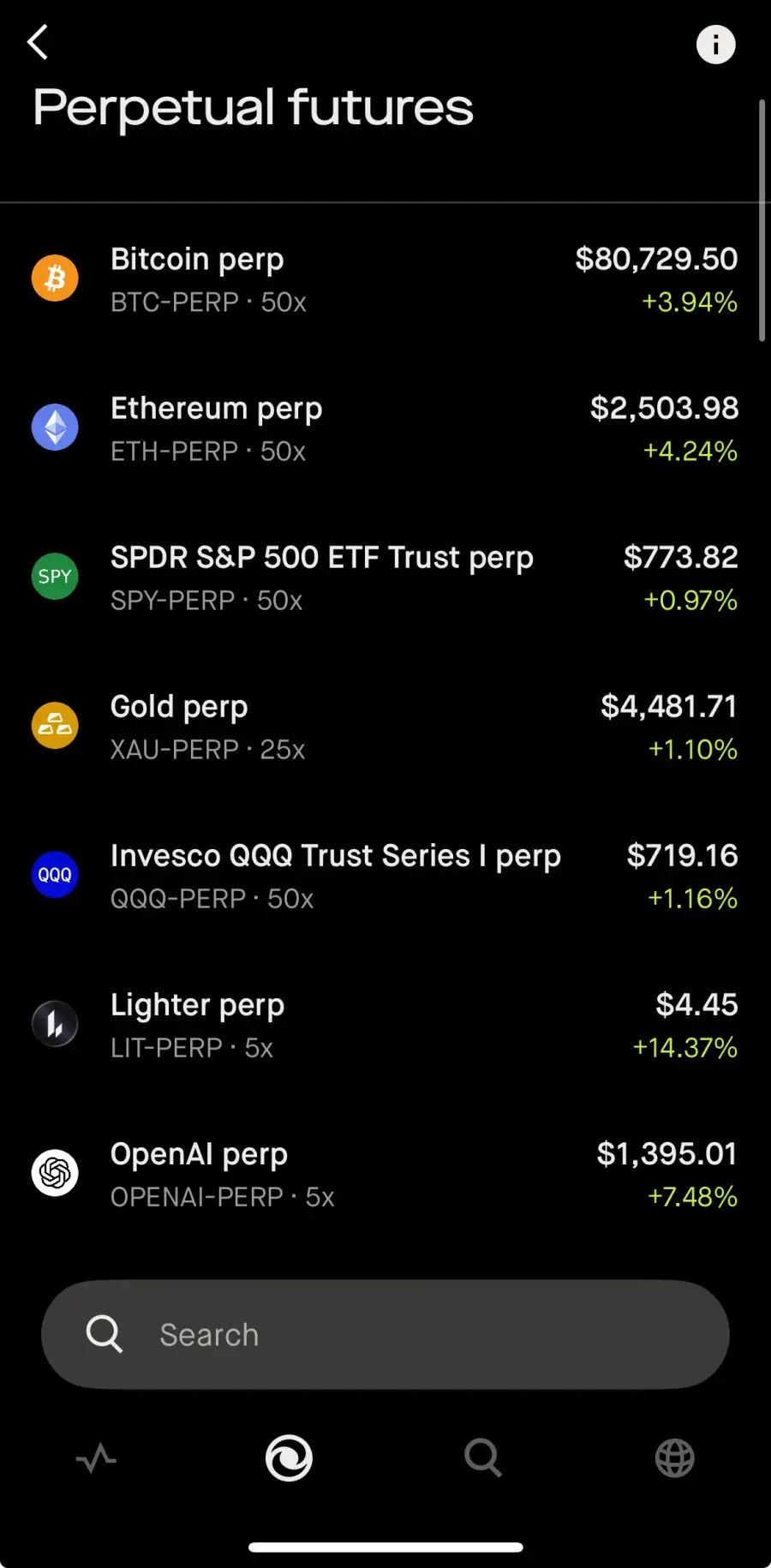 Robinhood Wallet Lighter 永續合約市場列表