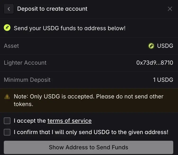 Lighter Robinhood Chain 存入 USDG 建立交易帳戶畫面