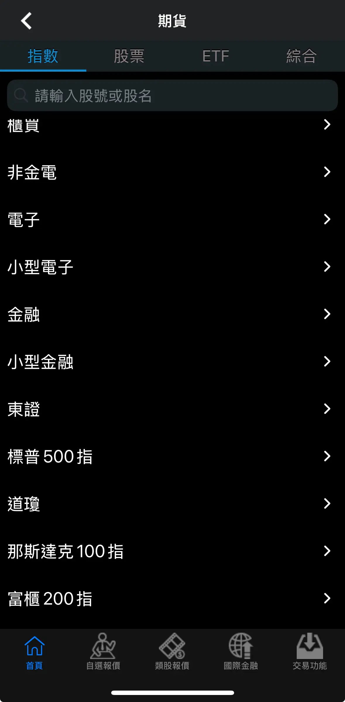 富貴角10號 App 期貨指數商品選擇畫面