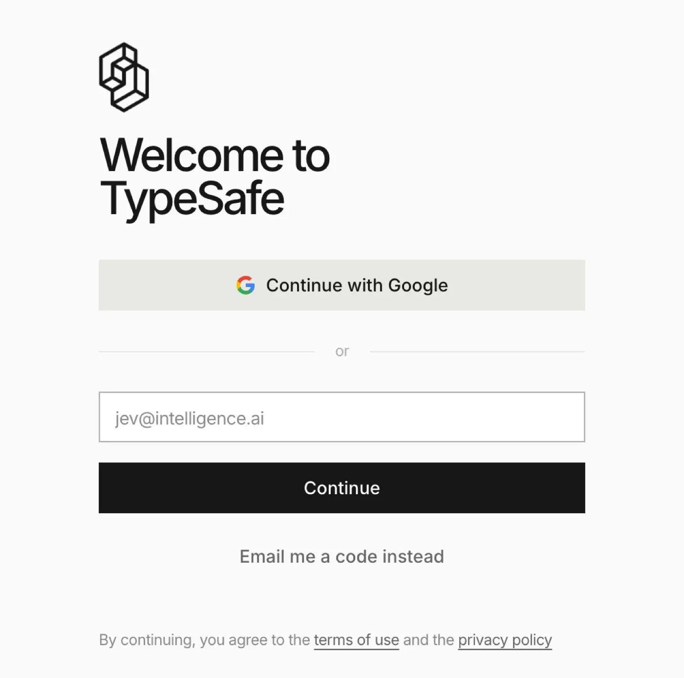 TypeSafe console 註冊登入頁,可用 Google 帳號或 Email 驗證碼建立帳號